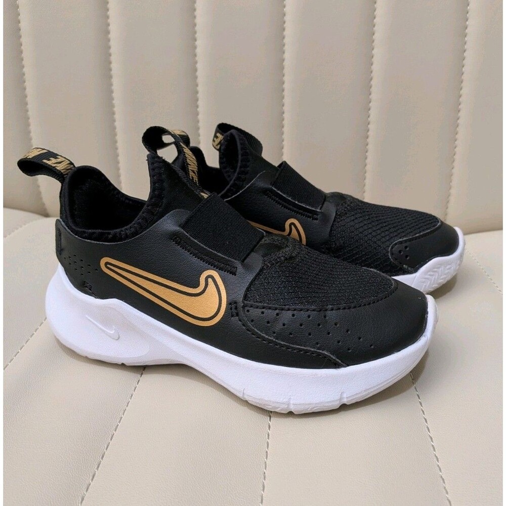 Nike Flex Runner 3 Youth Size 10C FN1449-006 Black Gold Slip On